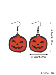 Detailed view of Halloween wooden pumpkin drop earrings with size and weight measurements