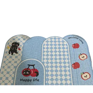Zerbino a cartoni animati con motivo a scacchi blu e gatto nero Welcome Home