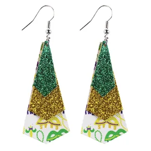 Handmade Mardi Gras themed triple layer glitter leather teardrop earrings for party