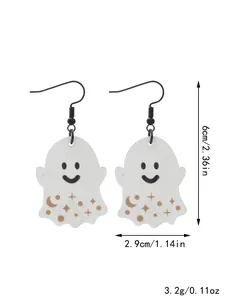 Detailed view of Halloween ghost wooden earrings with dimensions 6cm by 2.9cm and weight