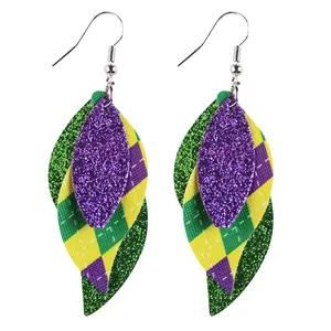 Mardi Gras triple-layer leather leaf earrings with purple and green glitter details