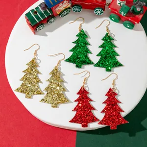 Glitter Christmas Tree Drop Earrings For Women Artificial Leather Sequin Festive Holiday Party Jewelry With Iron Hook