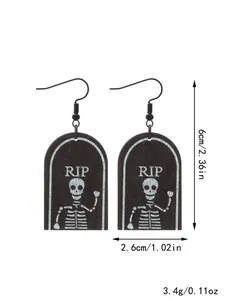 Halloween tombstone skeleton earrings, 6cm height, 2.6cm width, 3.4g lightweight wood.
