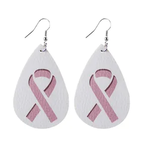 Boucles d'oreilles goutte en similicuir ruban rose pour sensibilisation cancer du sein