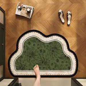 Vintage green floral diatomaceous earth bath mat with absorbent non-slip surface