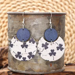 Bohemian Crescent Faux Leather Wood Drop Earrings For Women Plaid Woven Texture Glitter Gradient Dangle Earrings Jewelry