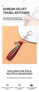 Detail view of Korean velvet tassel keychain with vintage metal sunflower charm