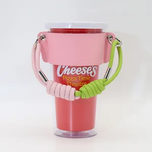 Portavasos elegante de cuero PU tejido de colores con asa trenzada rosa y verde brillante