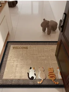 Detailed view of cartoon cat loop velvet doormat featuring Welcome text in a hallway setting