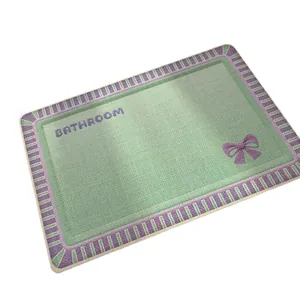 Green linen woven bathroom mat with purple bow and BATHROOM embroidery