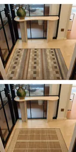 Vue détaillée de deux tapis d'entrée vintage en imitation lin avec motifs géométriques.