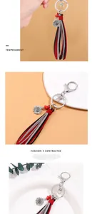 Detailed view of red and grey velvet tassel keychain with silver sunflower charm