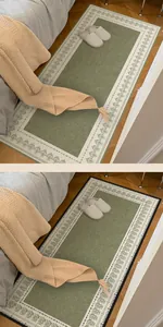 Vintage French style runner rug for bedroom bedside showing green pattern detail