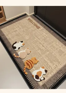 Detailed view of the cute cartoon cat loop pile entrance doormat with Welcome text