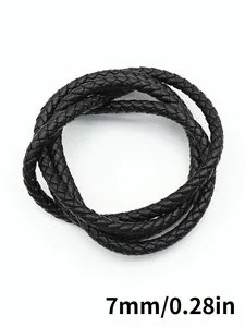 Detail showing 7mm black PU braided leather cord with three-strand weave texture