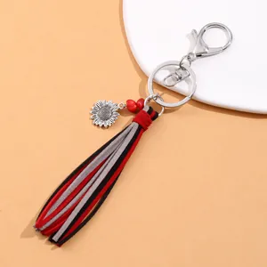 Retro sunflower keychain with multi-color velvet tassel and silver lobster clasp