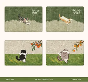 Four cat-themed faux linen doormats with artistic cat illustrations and textures.