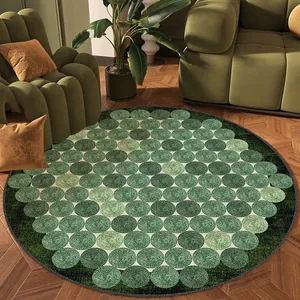 High-quality top-down view of a mid-century style green round rug with a circular dot pattern