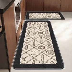 Faux Linen Woven Kitchen Mat Absorbent Oil Proof Non Slip Rug Hand Drawn Bakery Pattern Minimalist Floor Mat For Home Entryway