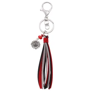 Retro sunflower keychain with tri-color velvet tassels and red beads charm for bag decor
