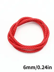 Macro view of 6mm red braided PU leather cord with 0.24 inch size parameter label.