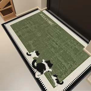 Loop pile green entrance doormat featuring cute cartoon cats and Welcome text design.