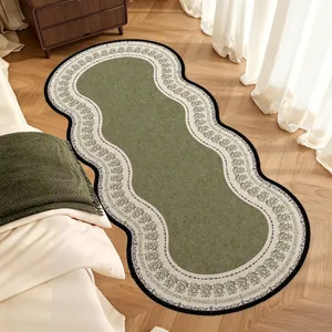 Elegant French vintage wavy runner rug with floral border in olive green for bedroom