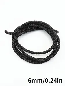 Detailed view of 6mm black braided PU leather cord featuring a 3-strand twist texture.