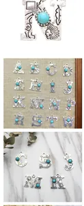 Detailed view of vintage alloy alphabet charms with turquoise stones and bark texture