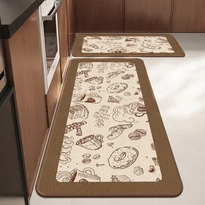 Set of two non-slip imitation linen kitchen floor mats with coffee-themed illustrations
