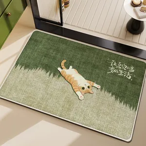 Absorbent non-slip linen-like bath mat with cute ginger cat and lifestyle quote design