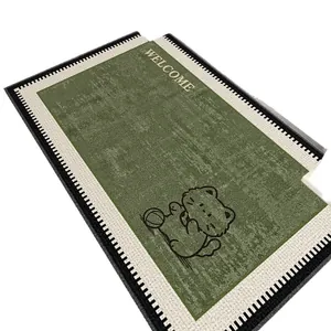 Green loop pile entrance doormat featuring a cute cartoon cat and Welcome text print