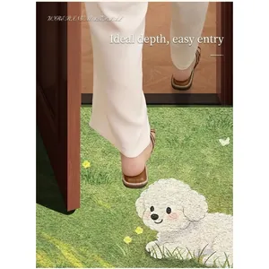 Paillasson en Boucle de PVC Vert Frais Motif Chien Chat de Dessin Animé Antidérapant Résistant à la Saleté Tapis d'Entrée Personnalisable Découpable