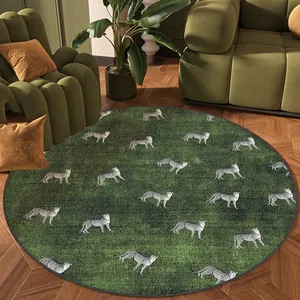 Vintage Round Carpet Green Leopard Geometric Pattern Polyester Non-Slip Area Rug For Living Room Bedroom Computer Chair Mat