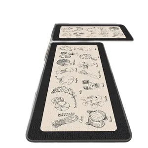 Absorbent linen-look woven kitchen mat set with vintage vegetable sketch patterns