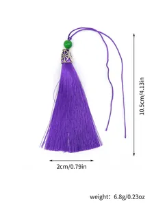 Detailed view of 10.5cm purple polyester tassel featuring green bead and silver decorative cap