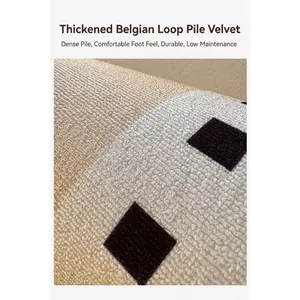 Close-up detail of a vintage style loop velvet rug with brown geometric square patterns