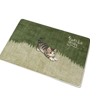 Linen-look absorbent bathroom floor mat featuring a cute stretching cat illustration