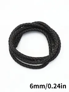 Detail view of 6mm black braided PU leather cord with three-strand twist texture.
