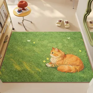 Paillasson d'entrée vert frais avec illustration de chat mignon, tapis antidérapant