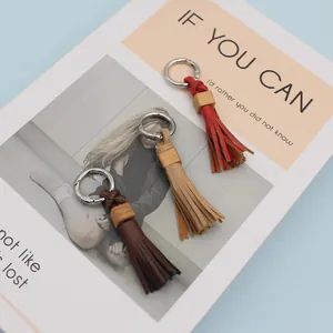 Handmade PU leather tassel keychain bag charm with wooden bead in various colors