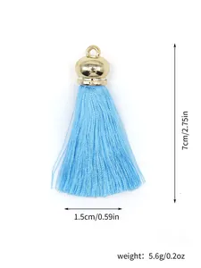 Blue polyester tassel with gold bell cap showing 7cm height and 1.5cm width dimensions