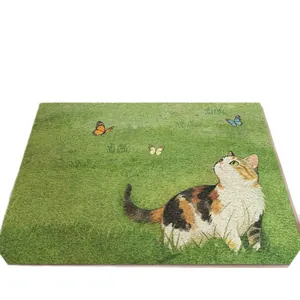 Paillasson d'entrée vert frais avec imprimé chat et papillon mignon, tapis antidérapant