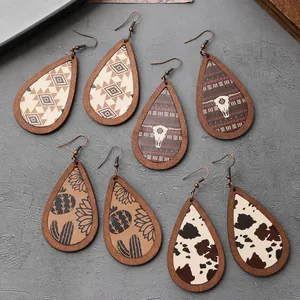 Westlicher Farmstil Tropfen Ohrringe Kunstleder Holz Kuhdruck Kaktus Stierkopf Muster Boho Retro Schmuck Für Damen