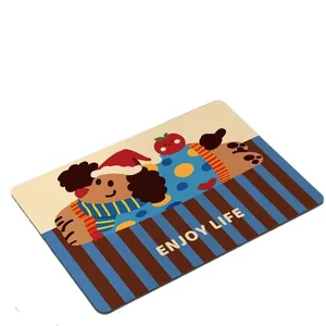 Cute cartoon dog absorbent kitchen drying mat with Enjoy Life text and blue stripes