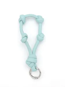 High-quality light blue leather knotted lanyard with a polished silver metal ring clip