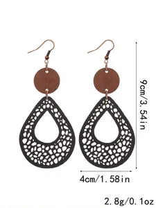 Böhmische Tropfenohrringe 9cm x 4cm mit hohlem Mesh Leder Holz Details Maße Info Anzeige