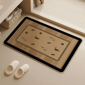 Close-up of woven linen floor mat with cute dachshund pattern and paw prints