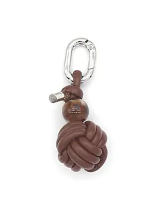 Handcrafted brown woven faux leather knot keychain bag charm with silver metal carabiner
