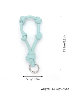 Close-up of light blue knotted leather keychain showing length 13.5cm and weight 13.17g